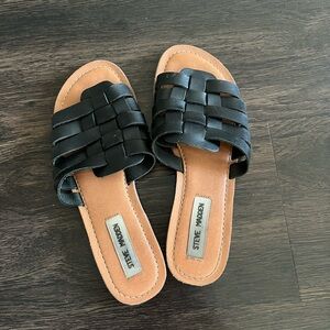 Steve Madden Black Woven Slide Sandals with Tan Footbed